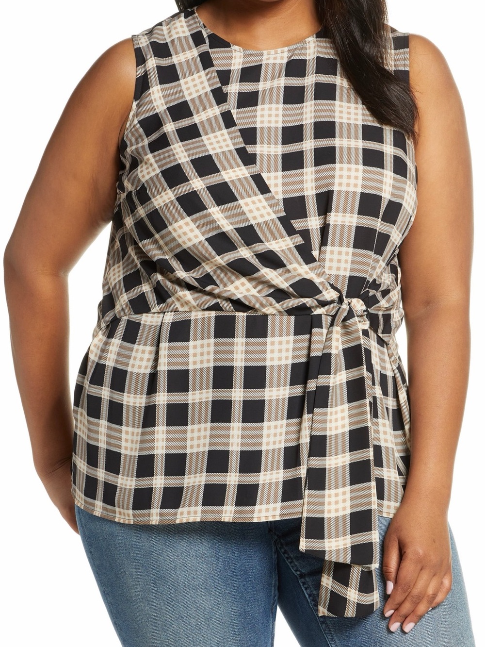 Vince Camuto Highland Sleeveless Plaid Tie-Waist Top in Black and Beige
